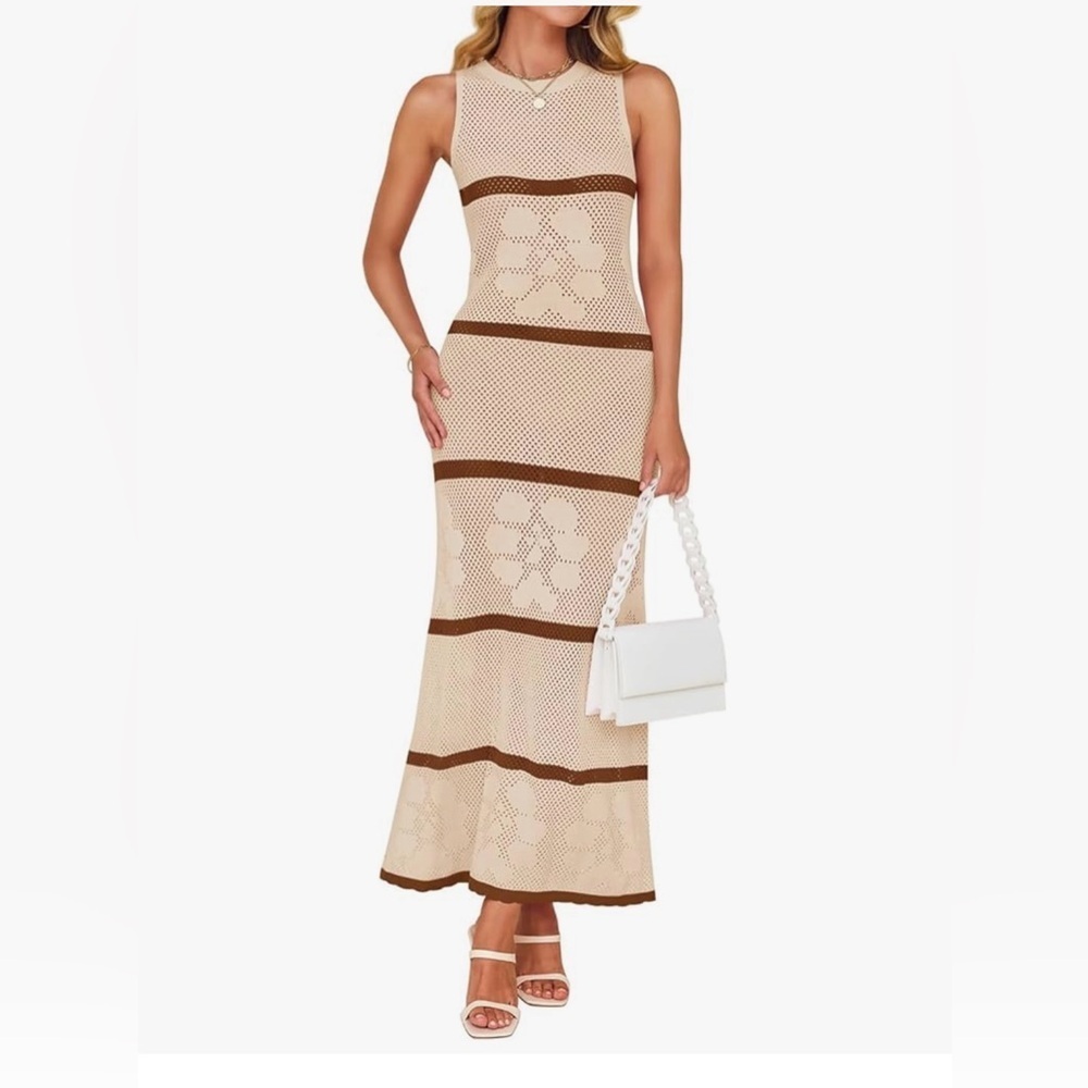 Cream and Brown Sheath Midi Dress Halter Neckline Sleeveless